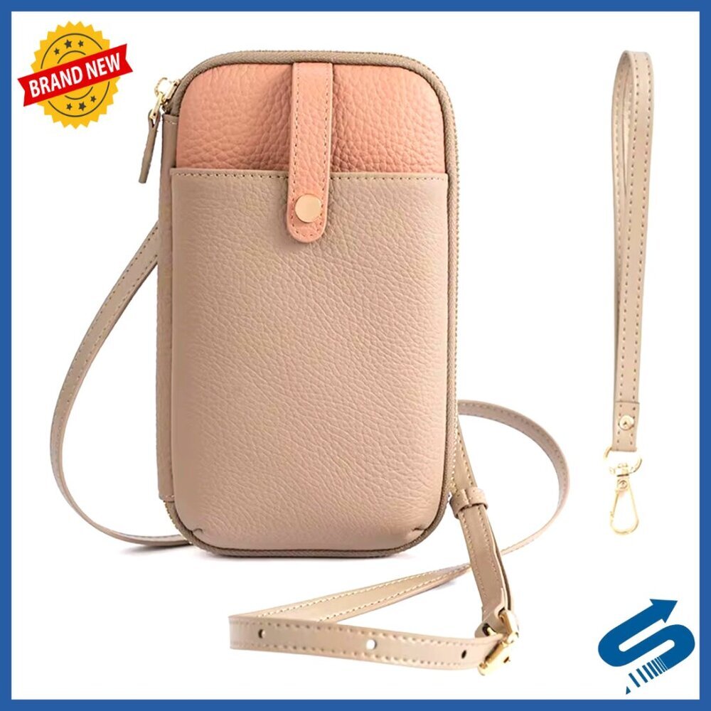 Genuine Leather Crossbody Phone Bag with Card Slots & 2 Straps